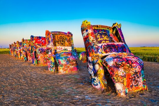 Colorful Cadillac Ranch at Sunset
