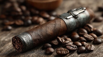 Rich Aroma Still Life Featuring Cigar Resting on Dark Roasted Coffee Beans