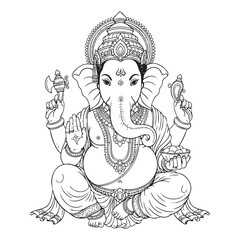 Fototapeta premium Lord Ganesh Doodle Illustration – Hand-Drawn Black and White Line Art on Transparent Background