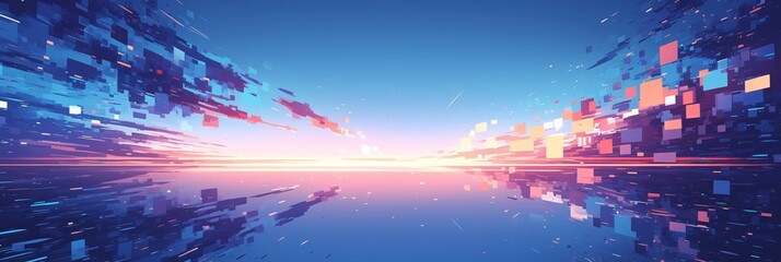 Futuristic digital sunrise with colorful pixel dispersion and light reflections

