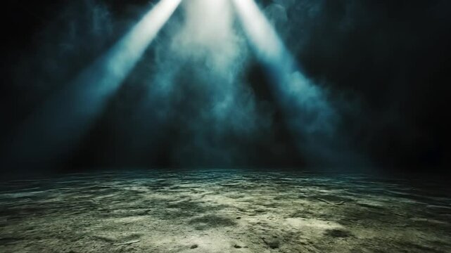 Mysterious Dark Stage with Spotlights and Fog