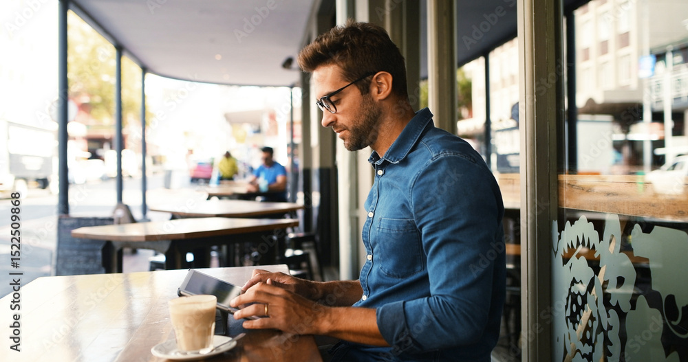 Poster customer, man and typing on tablet at cafe for online research, coffee break and remote work. freela