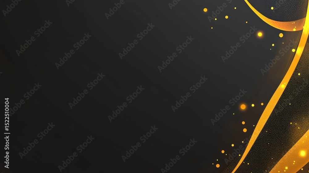 Poster abstract design with gold lines and particles on dark background.