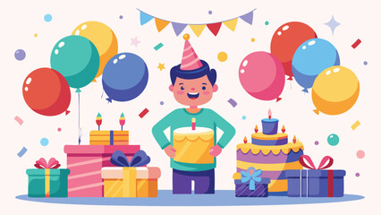 Happy Birthday Boy with Cakes, Presents, Balloons, Pennant Banner, and Confetti Illustration