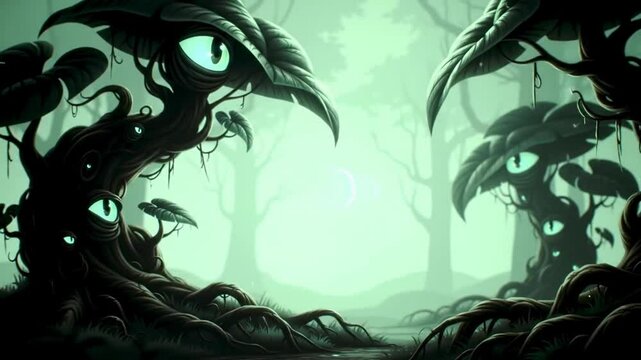 Dense alien jungle with bioluminescent trail