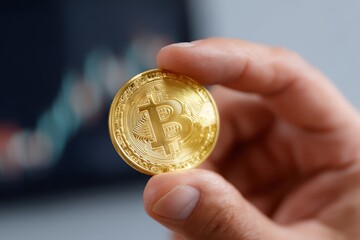 Person holding a Bitcoin coin with a blurred stock chart in background