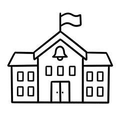 School Building with Flag and Bell – Hand-Drawn Line Art Icon for Education and Academic Themes