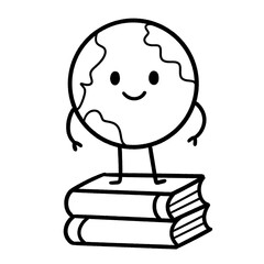 Smiling Earth Standing on Books – Cute Hand-Drawn Line Art Symbolizing Global Education and Knowledge