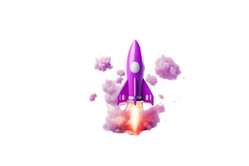 Purple rocket launching, surrounded by pink clouds, represents innovation and growth. background removed