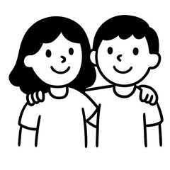 Smiling Friends Hugging – Cute Black and White Line Art of Boy and Girl in Friendly Pose
