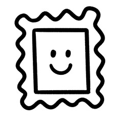 Smiling Postage Stamp Icon – Hand-Drawn Line Art with Wavy Border for Mail, Fun, and Communication Themes
