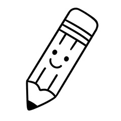 Cute Smiling Pencil Icon – Hand-Drawn Line Art for School, Writing, and Creative Education Themes