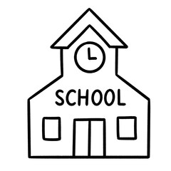 School Building Icon with Clock – Hand-Drawn Line Art for Education and Learning Concepts