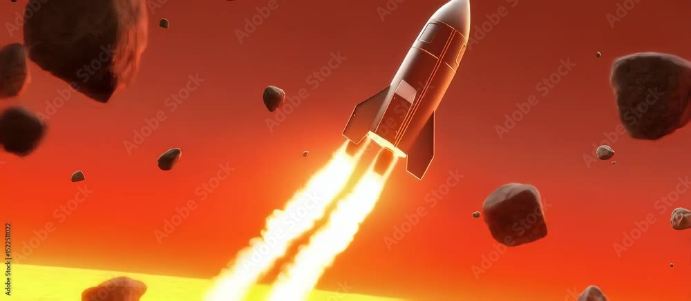 Poster dynamic rocket launch with fiery trail and explosive energy motion