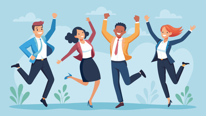 Excited Business Team Celebrating Success with Arms Raised and Jumping on Light Blue Background
