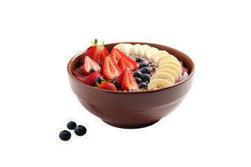 A delicious acai bowl topped with fresh strawberries, bananas, and blueberries. background removed