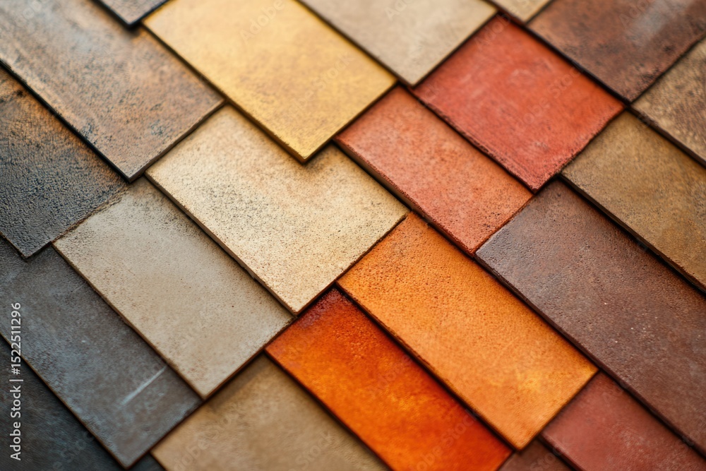 Poster a close-up shot of various earthy-toned tiles arranged in an overlapping pattern.