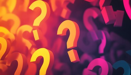 Question marks in vibrant colors fill the image.