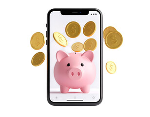 Piggy Bank's Mobile Savings: A whimsical scene where a pink piggy bank on a phone screen surrounded by golden coins, creating a visually appealing depiction of financial well-being. 