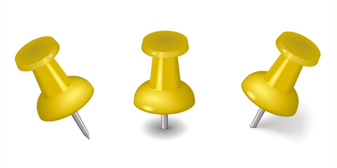 The yellow Colorful thumbtack. Glossy plastic pin tacks set. Yellow pushpin icon isolated on white. Pins tacks. Realistic pushpins. Vector 3d illustration. Office stationery.	