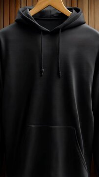 Black hooded sweatshirt mockup with drawstring hanging on a wooden hanger against wood plank background for apparel branding