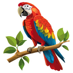 Macaw parrot sitting on a branch vector illustration. Exotic colored bird on isolated background	