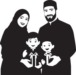 Muslim family celebrating with gift boxes in black and white silhouette illustration