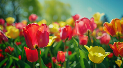 A wide field of vibrant tulips in full bloom, with rows of red, yellow, pink, and orange flowers stretching into the distance under a bright blue sky.