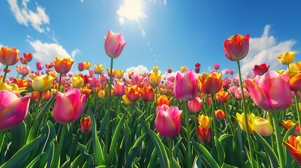 A wide field of vibrant tulips in full bloom, with rows of red, yellow, pink, and orange flowers stretching into the distance under a bright blue sky.