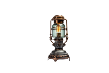 Steampunk-style table lamp with a glass enclosure, metal base, and Edison bulb. background removed