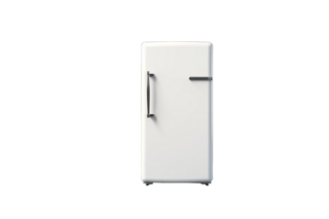 A white vintage refrigerator with a black handle, isolated on a transparent background. background removed