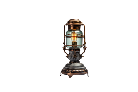 Steampunk-style table lamp with a glass enclosure, metal base, and Edison bulb. background removed