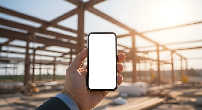 Construction Site Smartphone Mockup Blank Screen for App Presentation