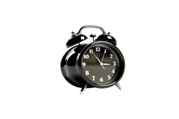 A black alarm clock, classic design, shows the time, isolated on transparent background. background removed