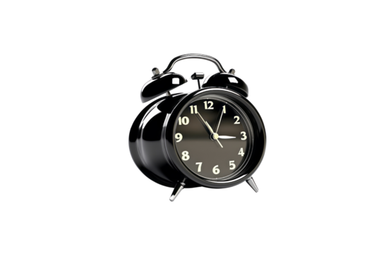A black alarm clock, classic design, shows the time, isolated on transparent background. background removed