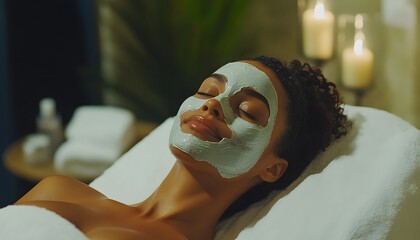 Woman relaxing with a facial mask in a spa setting.