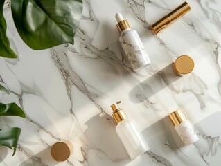 Luxury cosmetic products on marble background – top view mockup