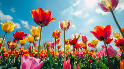 A wide field of vibrant tulips in full bloom, with rows of red, yellow, pink, and orange flowers stretching into the distance under a bright blue sky.