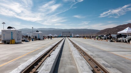 Naklejka premium Engineers and construction workers are building a hyperloop test track in a desert environment, showcasing the innovative transportation technology and its potential for high speed travel