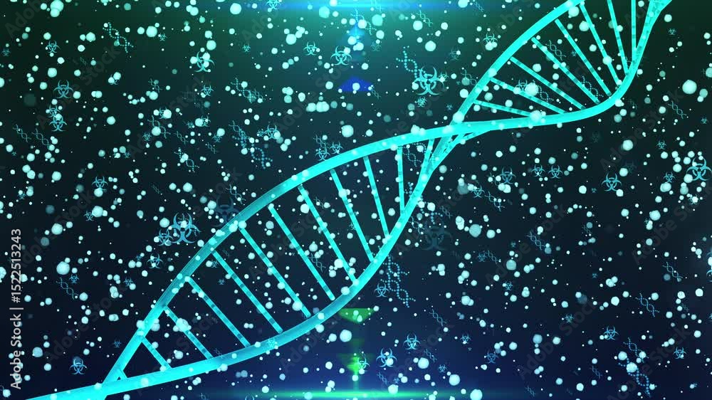 Poster glowing dna helix with biohazard symbols and floating particles in space