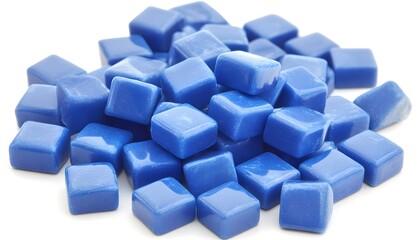 Pile of small, square, glossy, blue mosaic tiles.