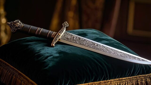 Ornate dagger rests on a luxurious emerald velvet pillow with gold fringe detail in a dimly lit interior setting.