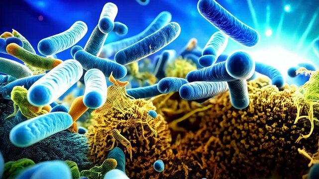 Vibrant microscopic rendering depicting a diverse array of cylindrical bacteria and other micro organisms with a bright blue and green environment