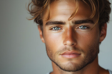 Obraz premium Portrait of a young man with striking blue eyes and well-groomed facial hair.