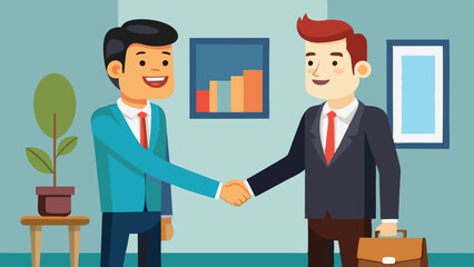 Obraz premium Two Cartoon Businessmen Shaking Hands in an Office with Plant and Pictures