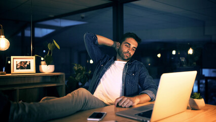 Laptop, burnout and business man in night office for research, copywriting deadline or project....