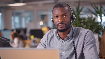 Focused Call Center Agent Wearing Headset in Modern Office Environment Engaged in Customer Service