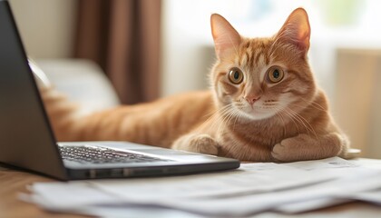 Ginger cat resting on papers near a laptop.