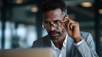 Obraz premium Focused man examines his laptop screen while holding glasses in a modern workspace environment
