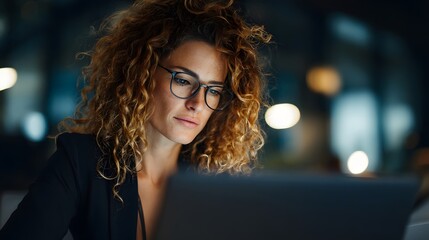 Professional woman with curly hair focused on work at laptop in modern office during a productive session